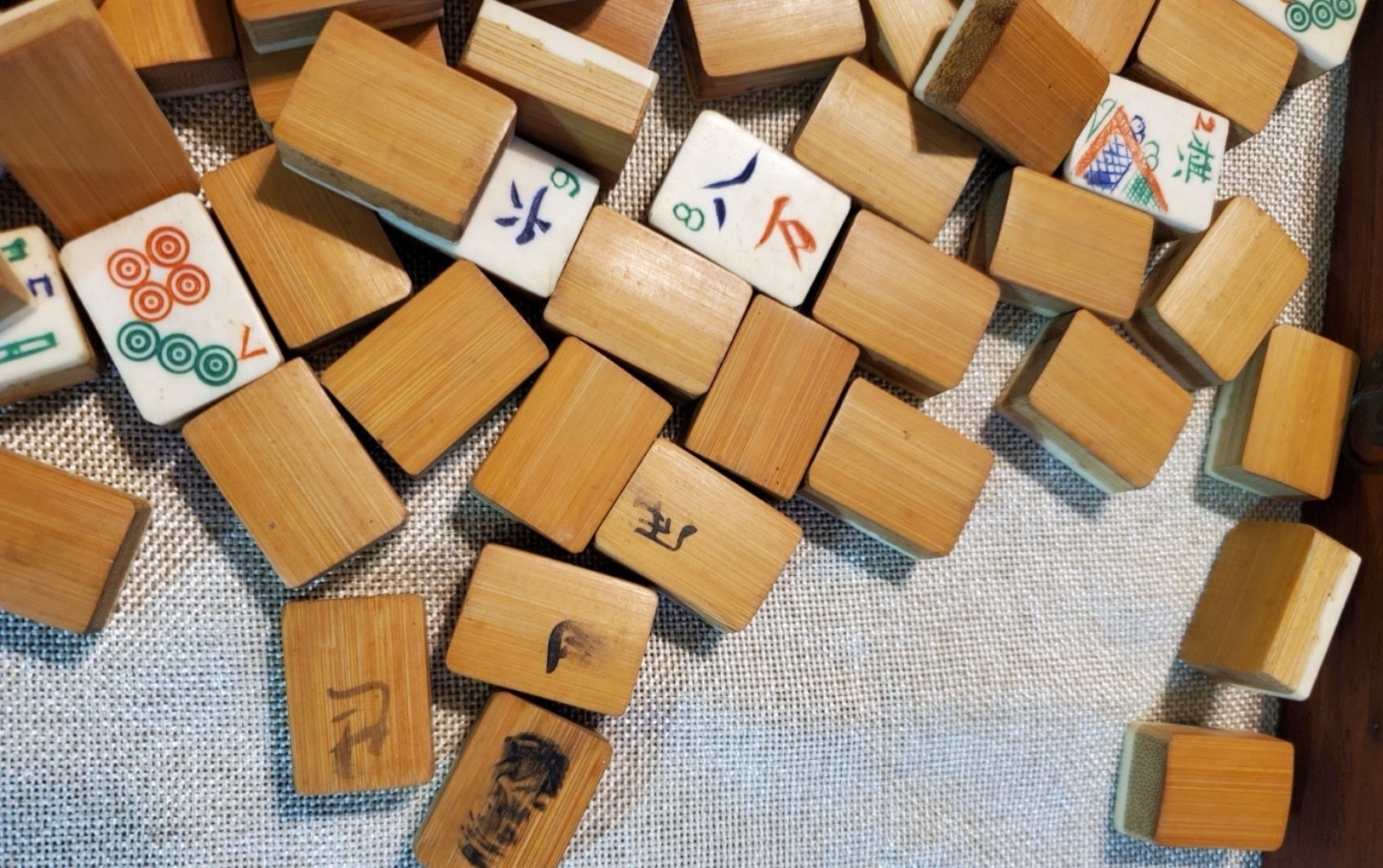 Vintage bone and bamboo mahjong tile detail