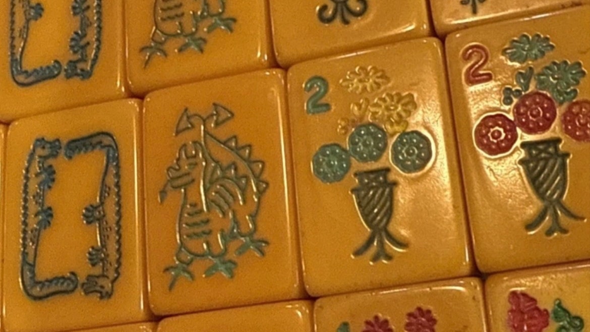 Vintage Butterscotch Bakelite mahjong tiles with warm patina